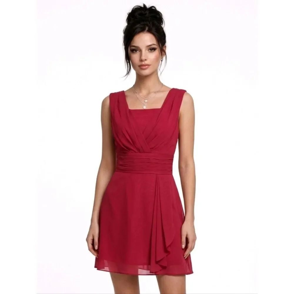 MM July Red Square Pleated Neck Corset Lace-Up Back Chiffon Mini Dress Size 8